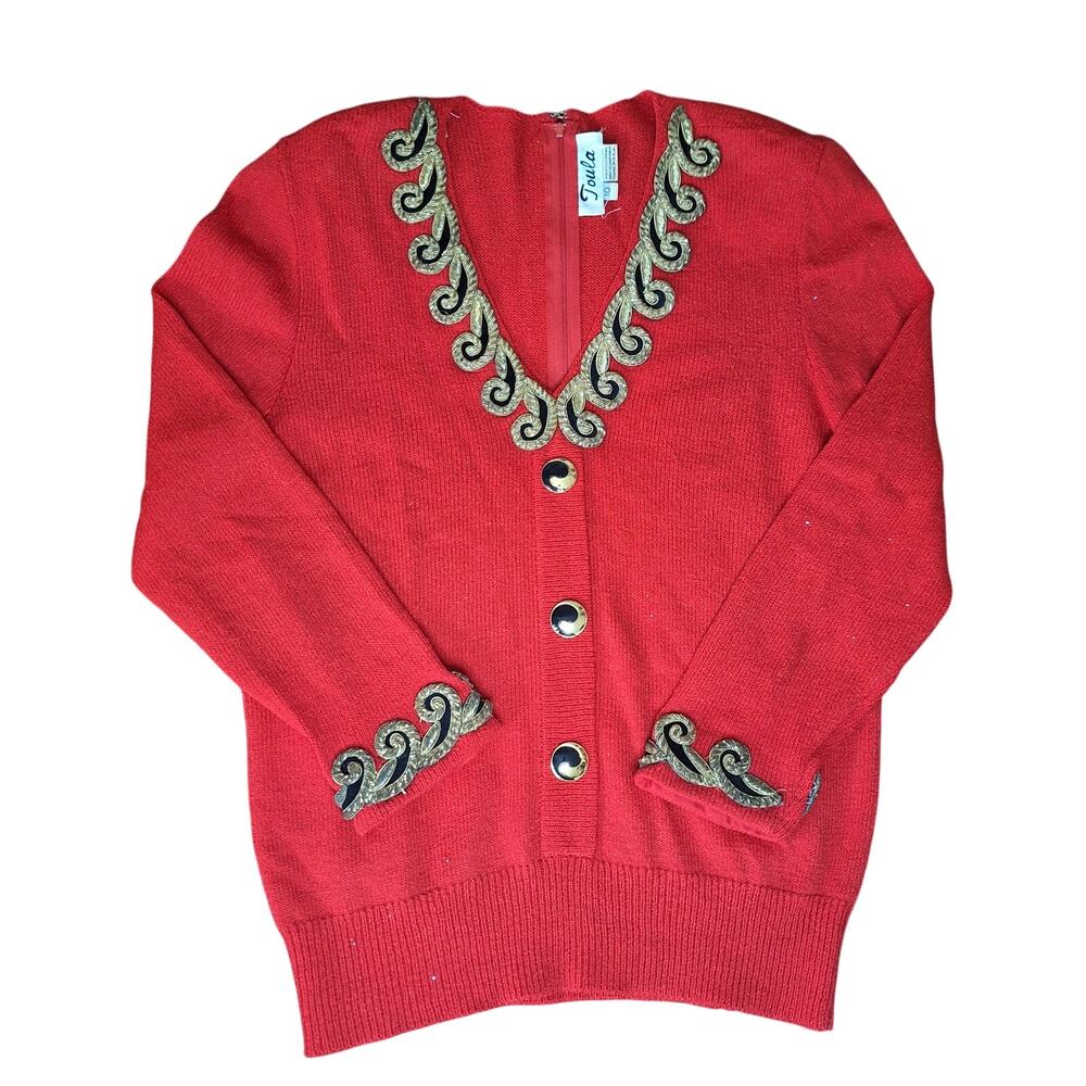 VTG Toula Knit Cardigan Sweater Red Gold Velvet Bullion Trim Sz 10 Back Zip EUC